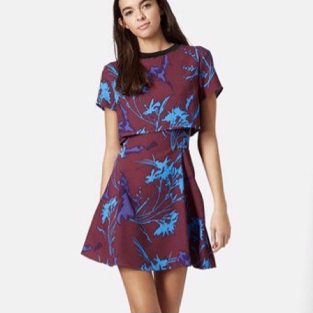 Topshop Burgundy and Blue Floral Side Cutout Short Sleeve Dress
